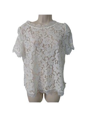 Allegra K Women White Floral Guipure Lace Short Sleeve Top Size M Coquett NEW